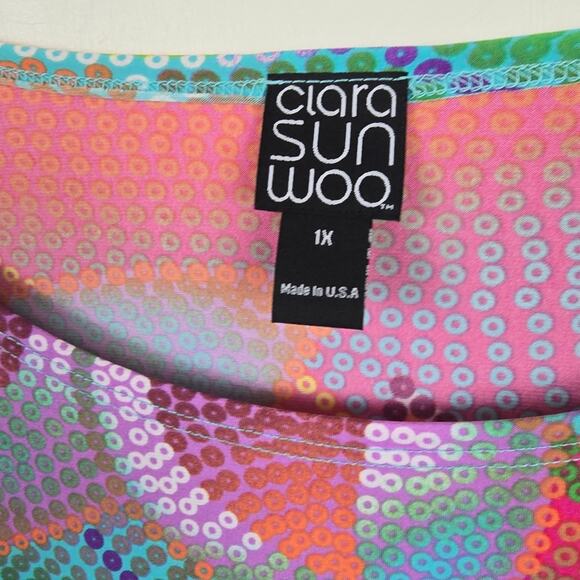 Clara Sun Woo Mosaic Petal Coral Multicolor High Low Tunic Ruffle Tie Sleeves 1X - Picture 4 of 13